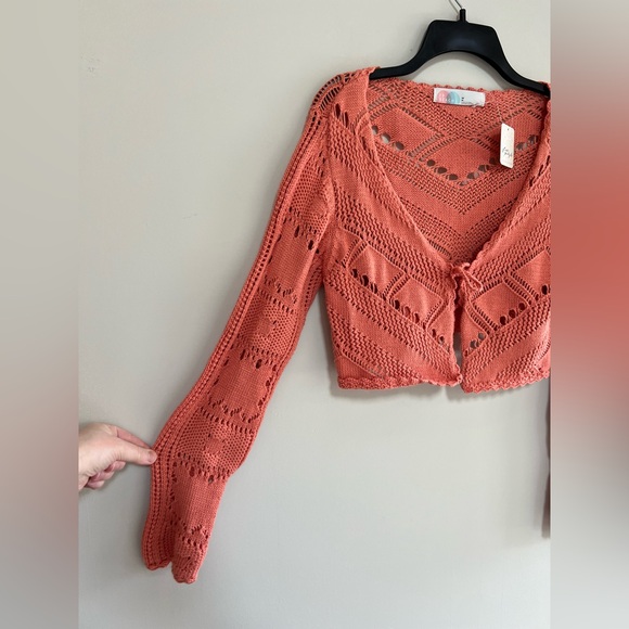 Free People Beach NWT Morgan Fauxchet Knit Tie Front Cardigan in Coral Orange, M - Picture 6 of 14